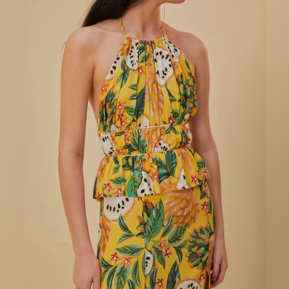 NWT Farm Rio Biriba Yellow Sleeveless Halter Peplum Midi Dress - Picture 2 of 11